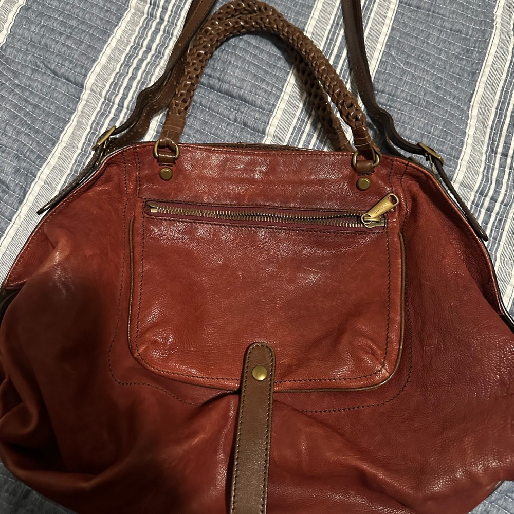 Elegant red Brown Leather Tote Bag